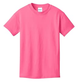 A pink youth t-shirt featuring a crew neck and short sleeves, with a logo on the label.