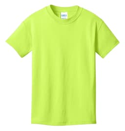 A bright lime green youth t-shirt with short sleeves and a label at the neckline, featuring a logo.