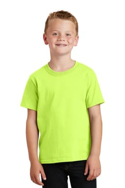 A youth t-shirt in bright green worn by a smiling child, featuring a simple design and short sleeves.