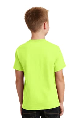 A youth t-shirt in bright neon green, viewed from the back, featuring short sleeves. It has a branding logo.