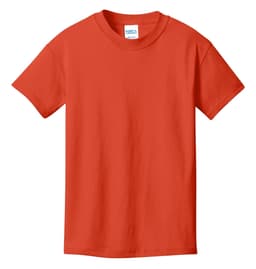 An orange youth t-shirt made of cotton, featuring a simple design and a label with a logo.