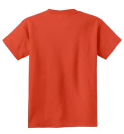 A youth t-shirt in vibrant orange with a plain back. It features a branding logo on the side.