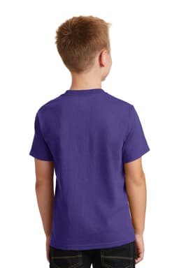 A purple youth t-shirt with short sleeves and a plain back, featuring a logo or branding.