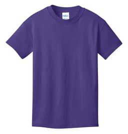 A purple youth t-shirt with a classic crew neckline and short sleeves. It features a logo on the label.