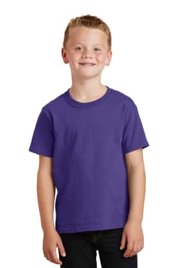 A youth core cotton tee in a vibrant purple, displayed on a smiling child. The shirt features a simple design and a logo.
