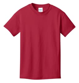 A red youth T-shirt featuring a round neck and short sleeves, with a label inside and a logo on the front.