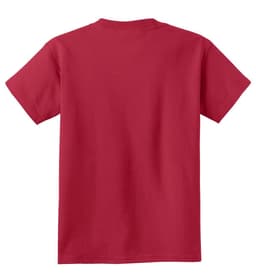A red youth t-shirt featuring a plain back design and short sleeves. It has a logo on the label.