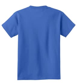 A blue youth T-shirt featuring a plain back design and short sleeves, with a logo on the side.
