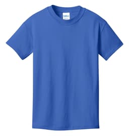 A blue youth t-shirt with short sleeves and a crew neckline. It features a logo on the label.