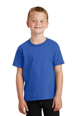 A blue youth t-shirt is displayed on a smiling child, featuring a simple design and a logo.