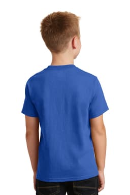 A blue youth t-shirt viewed from the back, featuring short sleeves and a plain design. It has a logo on the label.