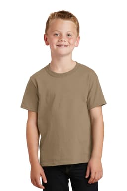 A youth cotton T-shirt in a light brown colour, featuring a simple design and short sleeves.