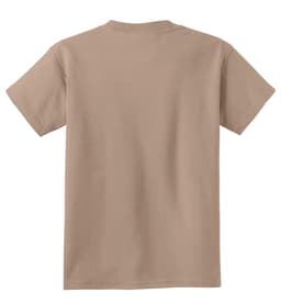 A youth t-shirt in a khaki colour with a plain back. The shirt has a logo displayed on the back.