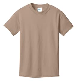A brown youth t-shirt featuring short sleeves and a round neckline, with a brand logo on the label.