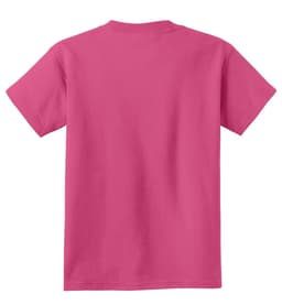 A youth t-shirt in a vibrant pink colour with a plain back. It features a logo or branding.