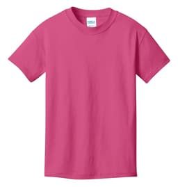 A pink youth t-shirt with a crew neck and short sleeves, featuring a logo on the label.
