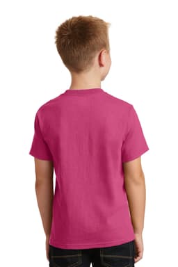 A youth-sized t-shirt in a vibrant pink colour, featuring a plain back and short sleeves.