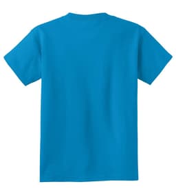 A blue youth t-shirt with a plain back and short sleeves. It features a logo.