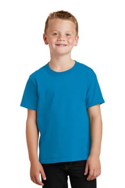 A youth t-shirt in bright blue, featuring a crew neck and short sleeves, displayed on a smiling boy.