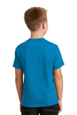 A youth t-shirt in bright blue, featuring a classic crew neck and short sleeves, with a logo on the back.