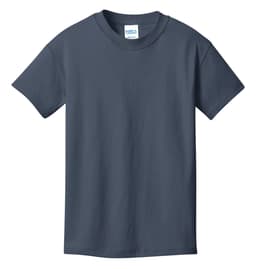 A youth t-shirt in a dark navy colour with a round neck and short sleeves. It has a brand logo.