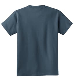 A dark blue youth t-shirt with short sleeves and a plain back view. It includes a logo on the label.