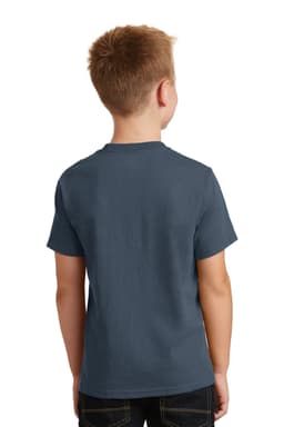 A youth t-shirt in navy blue, featuring short sleeves and a plain back, with a small logo.