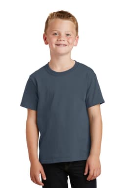 A youth t-shirt in navy blue, featuring a crew neck and short sleeves, with a branding logo.