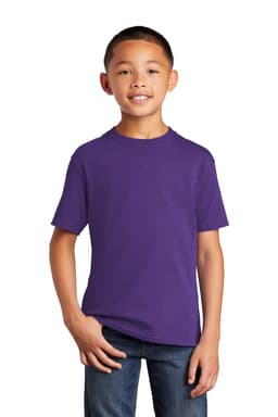 A youth T-shirt in purple with short sleeves and a crew neck, featuring a logo on the front.