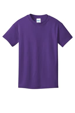 A purple youth t-shirt with a round neckline and short sleeves, featuring a brand logo.