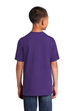 A purple youth T-shirt with short sleeves, featuring a back view and a small logo on the upper back.