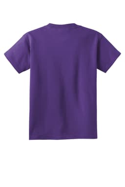 A purple youth t-shirt with short sleeves and a plain back, featuring a logo.