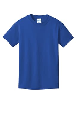 A blue youth t-shirt with short sleeves, featuring a logo on the label.
