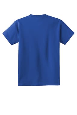 A blue youth t-shirt with short sleeves and a plain back. It has a logo on it.