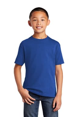 A youth T-shirt in royal blue, featuring short sleeves and a classic fit, displayed on a smiling child.