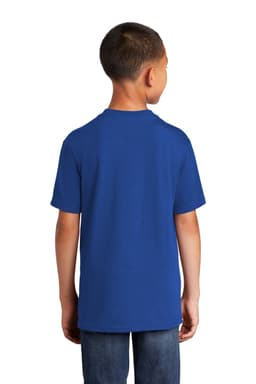 A blue youth t-shirt with a classic cut, featuring a logo on the back. Suitable for casual wear.