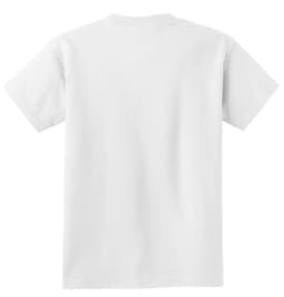 A white youth t-shirt with a plain back, featuring a logo on the neckline.