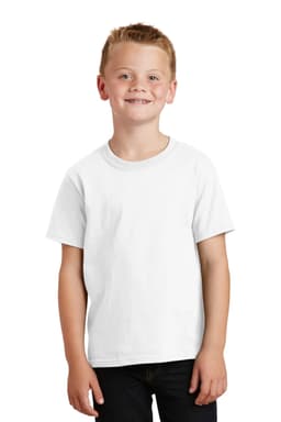 A white youth t-shirt displayed on a smiling child, featuring short sleeves and a simple design.