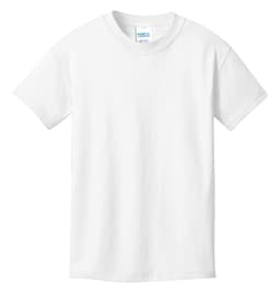 A plain white youth t-shirt with short sleeves and a logo on the label.