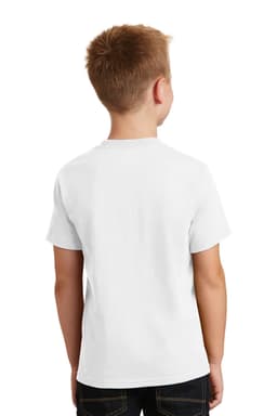A white youth t-shirt viewed from the back, featuring a plain design and a visible brand logo.