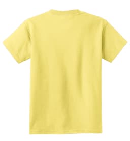 A yellow youth cotton t-shirt with short sleeves and a plain back. It features a logo.