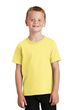 A youth wearing a bright yellow short-sleeve cotton t-shirt with a logo on the front.
