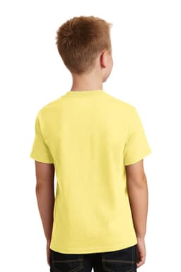 A yellow youth t-shirt featuring a round neck and short sleeves, viewed from the back. The shirt has a logo.