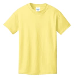 A yellow youth t-shirt made from core cotton, featuring a round neckline and short sleeves. It has a logo.