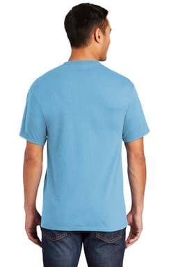 A man wearing a light blue t-shirt from the back, featuring a plain design and short sleeves.