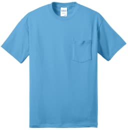 A light blue t-shirt with a pocket, featuring a logo on the label. Ideal for casual wear.