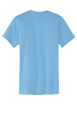 A light blue t-shirt with short sleeves and a straight cut. It features a logo on the back.