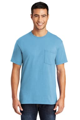 A blue Core Blend Pocket Tee for men, featuring a front pocket and a relaxed fit.