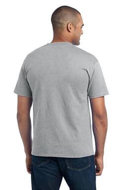 A grey short-sleeve t-shirt with a pocket, displayed from the back on a male model. The shirt has a logo.