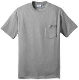 A grey Port & Company Core Blend Pocket Tee featuring a pocket on the left chest.